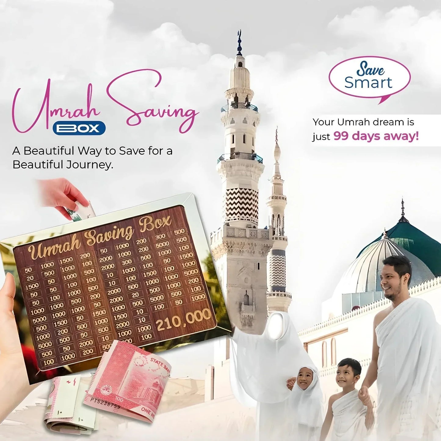 ( FREE HOME DELIVERY ) Umrah Saving Box - Wooden Islamic Money Box - 280 Days Umrah Savings Box Plan