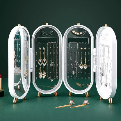 Foldable Jewelry Organizer With Mirror Ear Rings & Necklace_ Hanging Holder Jewelry Box Vanity Hanger Stand